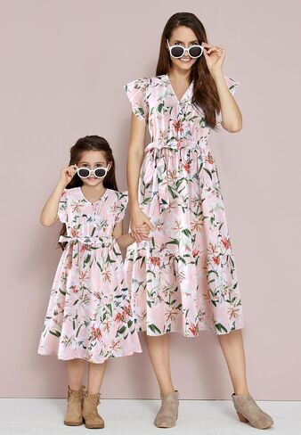 Pink V Neck Ruffle Short-Sleeve Splicing Butterfly and Floral Print Dress for Mommy and Me in Saudi Arabia