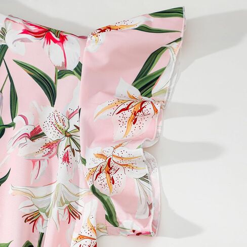 Pink V Neck Ruffle Short-Sleeve Splicing Butterfly and Floral Print Dress for Mommy and Me in Saudi Arabia