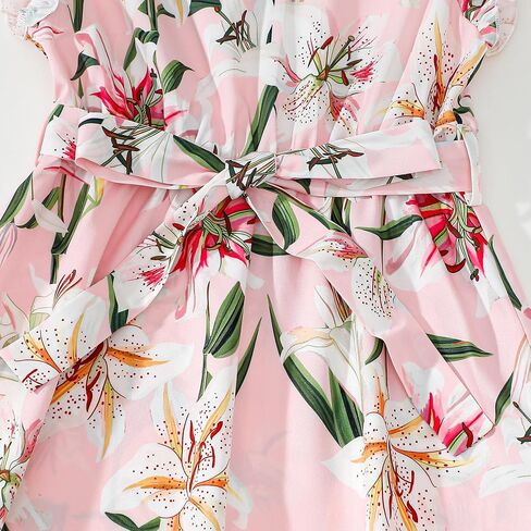 Pink V Neck Ruffle Short-Sleeve Splicing Butterfly and Floral Print Dress for Mommy and Me in Saudi Arabia