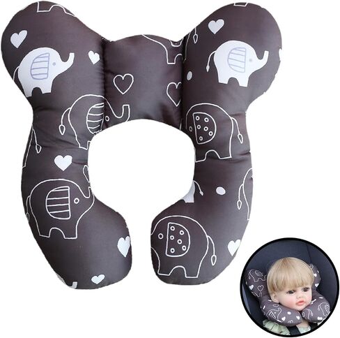 U-Shaped Baby Travel Pillow for Car Seat,Pushchair, Stroller,Soft Neck Support, Ideal for Babies 1-4 Years -Comfortable Baby Car Seat Head Support (Black Elephant) in Saudi Arabia