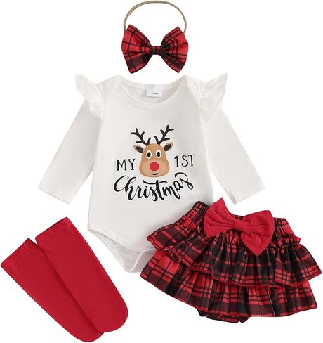 Murnouche My First Christmas Baby Girl Outfit Newborn Romper Ruffle Plaid Skirt Headband Socks in Saudi Arabia