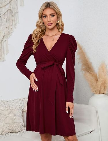 KOJOOIN Women's Maternity Wrap V Neck Dress Long Sleeve Casual Fall High Waisted Belt Flowy Midi Dress Photoshoot Baby Shower in Saudi Arabia