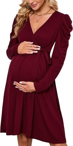KOJOOIN Women's Maternity Wrap V Neck Dress Long Sleeve Casual Fall High Waisted Belt Flowy Midi Dress Photoshoot Baby Shower in Saudi Arabia