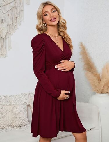 KOJOOIN Women's Maternity Wrap V Neck Dress Long Sleeve Casual Fall High Waisted Belt Flowy Midi Dress Photoshoot Baby Shower in Saudi Arabia