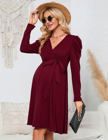 KOJOOIN Women's Maternity Wrap V Neck Dress Long Sleeve Casual Fall High Waisted Belt Flowy Midi Dress Photoshoot Baby Shower in Saudi Arabia