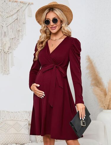 KOJOOIN Women's Maternity Wrap V Neck Dress Long Sleeve Casual Fall High Waisted Belt Flowy Midi Dress Photoshoot Baby Shower in Saudi Arabia