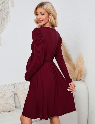 KOJOOIN Women's Maternity Wrap V Neck Dress Long Sleeve Casual Fall High Waisted Belt Flowy Midi Dress Photoshoot Baby Shower in Saudi Arabia