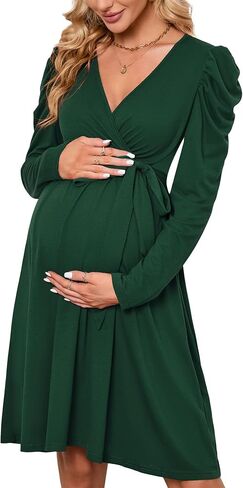 KOJOOIN Women's Maternity Wrap V Neck Dress Long Sleeve Casual Fall High Waisted Belt Flowy Midi Dress Photoshoot Baby Shower in Saudi Arabia