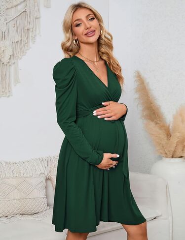 KOJOOIN Women's Maternity Wrap V Neck Dress Long Sleeve Casual Fall High Waisted Belt Flowy Midi Dress Photoshoot Baby Shower in Saudi Arabia