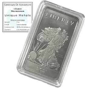 Molybdenum Metal Bar w/COA - 1 Troy Ounce Molybdenum Metal .999 Pure Bullion Bar with Walking Liberty Design and Certificate of Authenticity