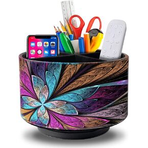 WEEMAGIC Remote Control Holder Round Leather Art Supply Organizer, PU Leather Pencil Stationery Desk Storage Makeup Organizer for Heater Controllers TV Remotes, 4 Compartments, 360 Degree Spinning