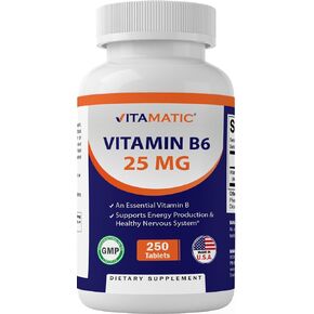 Vitamatic Vitamin B6 (Pyridoxine HCI), 25 mg 250 Vegetarian Tablets - Promotes Energy Production, boosts Metabolism and Immune Health Support