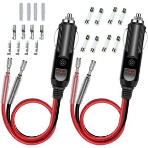 2FT 2 Pack 12V Fused Replacement Cigarette Lighter Male Plug 16AWG Extension Cable, Car Cigarette Lighter Adapter with Leads & LED Light with 15A10A Fuse