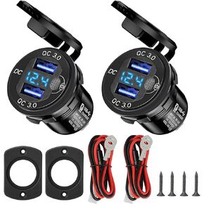 Upgraded 12V USB Outlet, 2PCS Quick Charge 3.0 Dual USB Power Outlet with On Off Switch Waterproof 12V/24V Fast Charge USB Charger Socket with Voltmeter for Car Boat Marine Truck Golf RV Motorcycle
