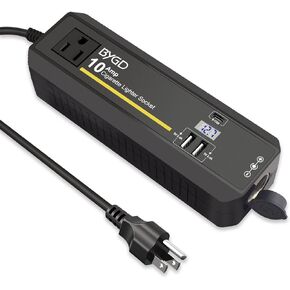 BYGD 4 in 1 AC to DC Converter, 120W Adapter 12V 10A Car Cigarette Converter Lighter Socket Cigarette Lighter Socket Power Adapter 2 USB Ports 5V/2.4A and Type-C, LCD Screen