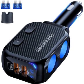 SUPERONE 180W Cigarette Lighter Splitter with 20W PD, 2-Socket Cigarette Lighter Adapter, Fast USB C Car Charger with Type-C 20W PD & QC 3.0 for Dash Cam, GPS, iPad/Laptop/iPhone 15/14/13/12/Samsung