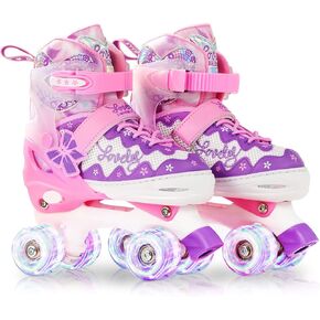 HYKID 4 Size Adjustable Roller Skates with Luminous Light Up Wheels,Safe for Girls Boys Kids Toddler, Trimmable Insole Included