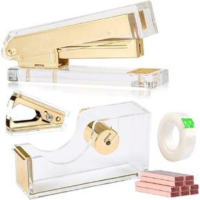 Acrylic Black Tape Dispenser Black Desktop Stapler, Acrylic Office Supplies includes Staple Remover, Tape, 1000pcs Staples Desk Accessory Kit, Cute Office Stapler Set for Modern Design Office Desktop