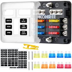 Kohree 12 Way 12V Fuse Block Marine, Boat Fuse Block Waterproof with LED Indicator, 24pcs Blade Fuses 5A 10A 15A 20A, Automotive Fuse Box Holder 12V/24V Fuse Panel for RV, Car, Boat, Marine, Truck
