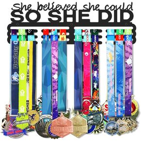 Medals Hanger Display Holder Rack She Believed She Could Wall Mount Steel Frame Over 60 Medals-Sports Medal Hangers Racks Bib Ribbon with Easy Hanging Bars Black 3 Lines