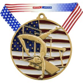 Decade Awards Gymnastics Patriotic Medal - 2.75 Inch Wide Gymnast Medallion with Stars and Stripes American Flag V Neck Ribbon