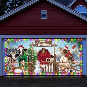 6 x 13 ft Merry Christmas Garage Door Banner Cover with String Light Garage Door Christmas Banner Funny Garage Murals Christmas Garage Door Large Cute Decorations for Outdoor Party Wall (Dog)