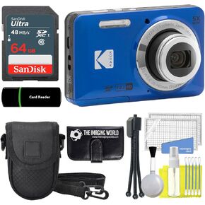 Kodak PIXPRO FZ55 Blue 16MP Digital Camera 5X Optical Zoom 28mm Wide Angle 1080P Full HD Video 2.7" LCD Camera + 64GB Card and Reader + Case + Memory Wallet + Tripod + Cleaning Bundle