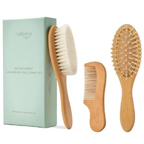 Natemia Baby Hair Brush and Comb Set for Newborns - Wooden Baby Hair Brush and Comb Set - Soft Bristle Hair Brush as Baby Registry Gift Set - Toddler Cradle Cap Brush - Baby Comb & Baby Brush Wooden