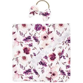 Baby Swaddle Blanket Newborn Girl Swaddle and Headband Set Purple Flowers Floral Print Wrap Shower Gift