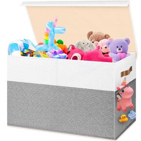 Large Toy Storage Box, Collapsible Sturdy Storage Chest With Lids, Kids Toy Storage Organizer Toddler Bin Boxes, 25"x13"x16" Toy Chest Box Bin Baskets for Living Room, Bedroom, Nursery, White & Gray