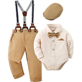nilikastta Baby Boy Wedding Outfits Infant Baby Boy Clothes Suit Dress Shirts/Suspender Pants/Bowtie/Beret Hat 0-18M