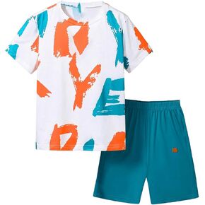 RoseSeek Boy's 2 Piece Set Tropical Print Short Sleeve Crewneck Tee Tops and Drawstring Shorts Vacation Outfits