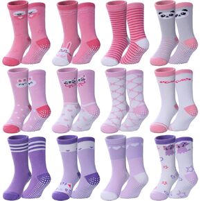 Toddlers Girls Non Slip Socks Baby Kids Grip Socks Crew Cotton Socks with Grippers 12 Pairs
