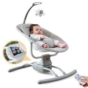 Baby Swings for Infants, Electric Baby Bouncer 3 Speeds, Portable Automatic Rocker with Remote Control, 8 Music Soothing Swing for Newborn 0-6 Month, AC Adapter & Battery Operated, Light Grey