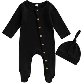 Newborn Infant Baby Boy Girl Fall Winter Clothes Long Sleeve Button Waffle Knit Footed Romper Hat 2Pcs Outfit