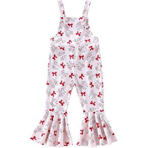 Kayotuas Toddler Baby Girl Christmas Outfit Candy Cane Bow Print Jumpsuit Overalls Bell Bottom Pants Romper Christmas Clothes