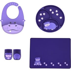 Silly Goose Silicone Baby Feeding Set with Cute Bib, Suction Divided Plate, Open Top Cup, and Travel Placemat, Cute Fox Design, Baby Led Weaning Supplies for Babies and Toddlers, Dishwasher Friendly