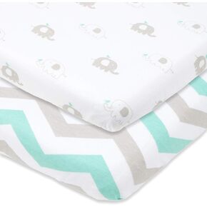 Joey + Joan Bassinet Fitted Sheets 19" x 32" for Cowiewie Bedside Sleeper Bassinet Mattress Pad – Snuggly Soft 100% Jersey Cotton – Grey, Mint – 2 Pack