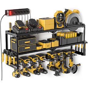 Power Tool Organizer Wall Mount with Charging Station, 4/6/8 Slots for Cordless Drill, Tool Storage with 4 Outlet Power Strip, Drill Bit Heavy Duty Rack, 3 Layers Garage Shelving for Workshop