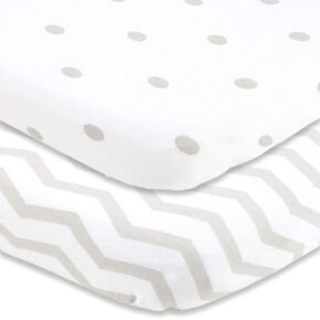 Joey + Joan Bassinet Fitted Sheets 19" x 32" for Cowiewie Bedside Sleeper Bassinet Mattress Pad – Snuggly Soft 100% Jersey Cotton – Grey Polka Dots, Chevron – 2 Pack