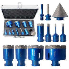 Diamond Core Drill Bit Set 11pcs Diamond Hole Saw Kit for Porcelain Tile Ceramic Marble Granite Stone,6/6/10/25/35/38/50/65mm +2" 5/8-11 Diamond Beveling Chamfer Bit +3/8" Diamond Finger Bit + Adapter