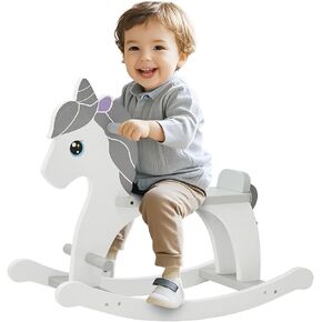 FUNLIO Wooden Rocking Horse Ages 1-3, Charming Pony Baby Rocking Horse with Long Seat & Backrest, Easy to Assemble Toddler Ride on Toys, CPC & CE Certified - Gray