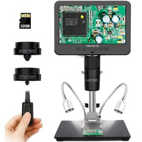 Andonstar AD246-M Digital Microscope for Adults, 3 Lens Soldering Microscope, 1080P FHD Video Record, 7 Inch LCD 500x, Coin Microscope, Biological Microscope Kit with 32G Card, Prepared Slides