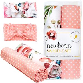 First Landings Newborn Swaddle Set - Matching Headband and Baby Blanket (Set of 2 Each) 36" x 36" Receiving Baby Blanket Boy and Girl - for Newborn Photography, Nursing Covers, Burp Cloths (Rose)