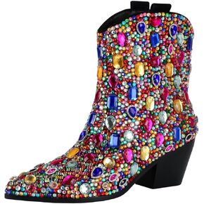 vimitty Women's Rhinestone Glitter Cowboy Boots Chunky Heels Cowgirl Boots Sparkly Side Zipper Cowboy Boots Western Boots for Women