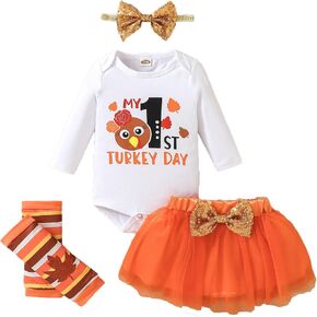 Aoty Newborn Baby Girl Mommy's Little Turkey Skirt Set Ruffle Romper Turkey Skirt Outfit Thanksgiving Clothes