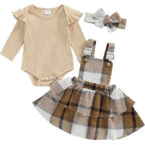 aporake Baby Girl Fall Winter Clothes Ribbed Knit Romper Newborn Dress Suspender Skirt With Headband Infant Girl Outfit