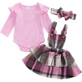 aporake Baby Girl Fall Winter Clothes Ribbed Knit Romper Newborn Dress Suspender Skirt With Headband Infant Girl Outfit