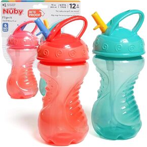 Nuby 2-Pack Flip-It Easy Grip Cups with Easy-Flo Straw, 10 Ounce, Colors May Vary