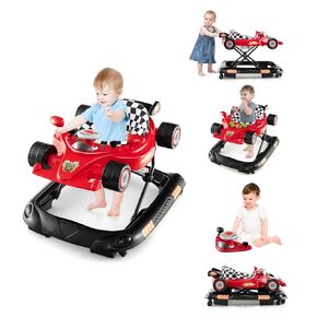 BABY JOY 4-in-1 Baby Walker, Foldable Activity Walker with Adjustable Height, Music & Lights, Anti-Rollover, Toddler Push Walker, Baby Walker with Wheels for Boys Girls 6-14 Months (Red)